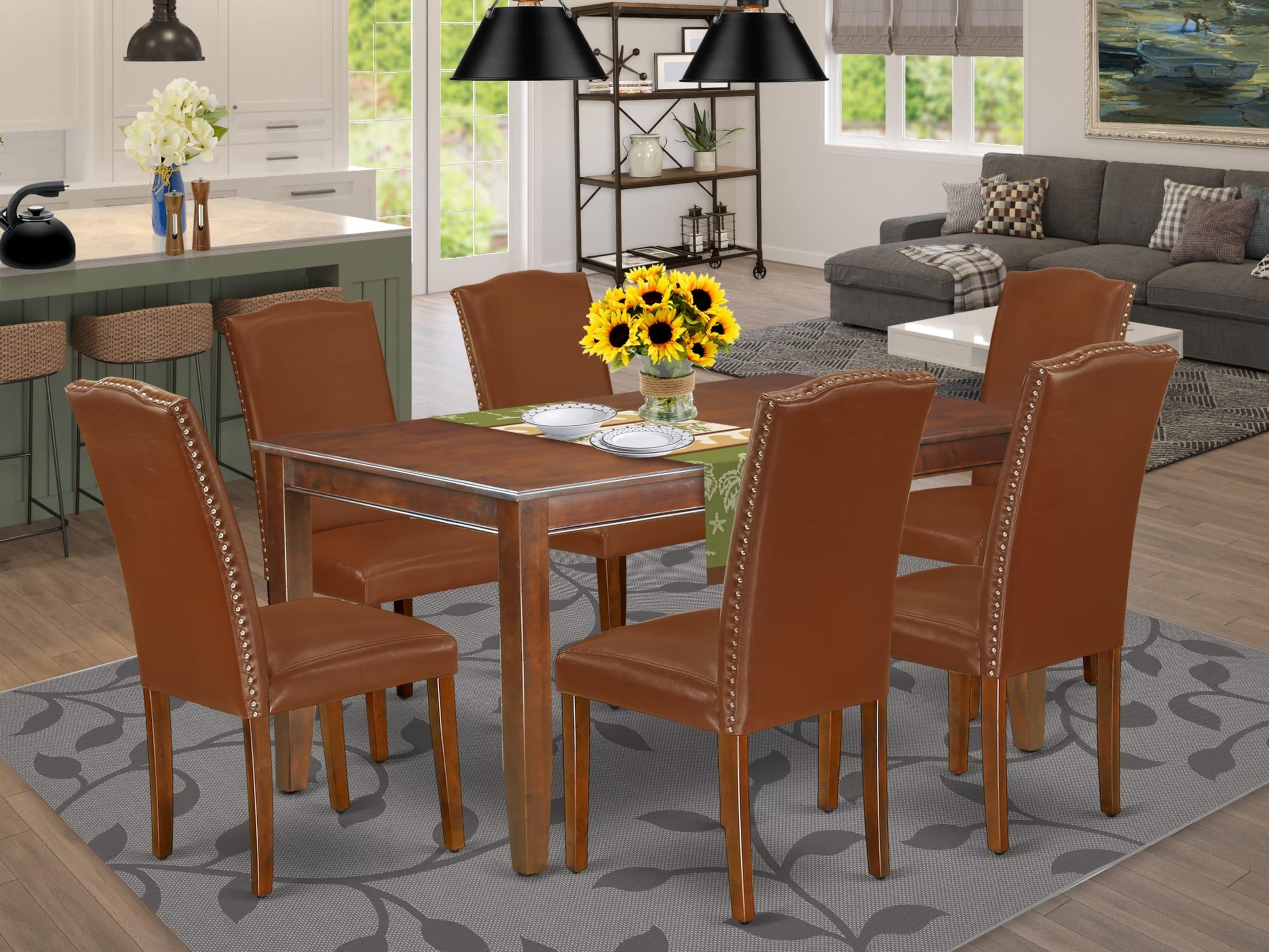 East West Furniture Duen7-Mah-66 7 Piece Kitchen Table Set Consist Of A Rectangle Dining Table And 6 Brown Faux Faux Leather Parson Dining Room Chairs, 36X60 Inch, Mahogany